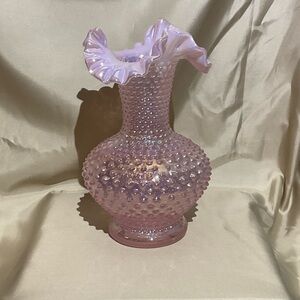 Fenton Hobnail Champagne Pink Iridescent Opalescent Vase with Ruffled Rim
